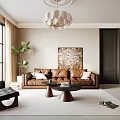 Modern Living and Dining Room with Brown Sofa Round Chandelier and Decorative Painting