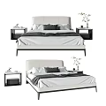 Modern Double Bed with White Headboard Gray Bedding and Nightstands with Plants 3d model