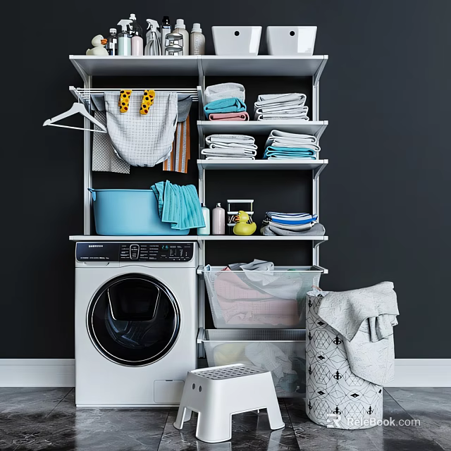 Modern Washing Machine in Organized Laundry Space with Open Shelves Folded Clothes Hanging Garments and Detergent Bottles 3d model 
