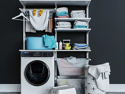 Modern Washing Machine in Organized Laundry Space with Open Shelves Folded Clothes Hanging Garments and Detergent Bottles 3d model