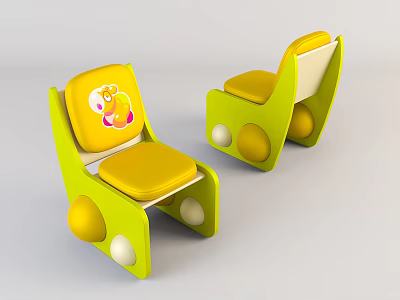 Cute Green And Yellow Children's Chairs With Cartoon Smiley Face And Round Decorative Elements 3d model