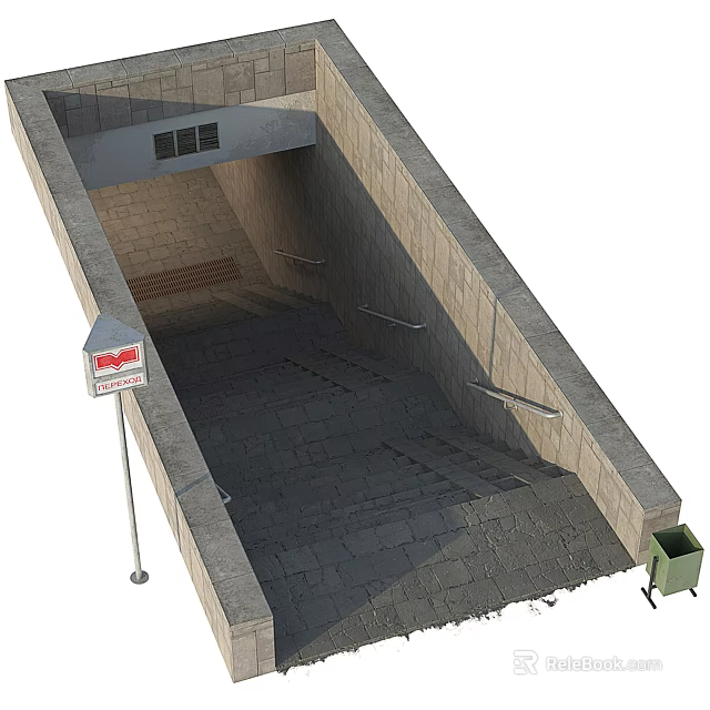 Practical Road Infrastructure With Steps Handrails Brick Walls Signage And Trash Bin 3d model 