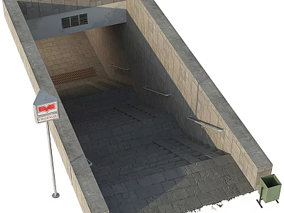 Practical Road Infrastructure With Steps Handrails Brick Walls Signage And Trash Bin 3d model