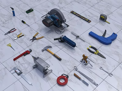 Assorted Hardware Tools Including Circular Saw Hammer Pliers Tape Measure And Wrench 3d model