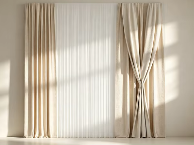 Beige Heavy Curtain Panels With Center White Sheer And Sunlight Filtering Light Patterns In Minimalist Interior 3d model
