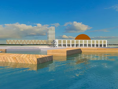 Modern Office Building With Glass Facade Wooden Platforms And Dome Structure Under Blue Sky Clouds 3d model