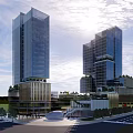 Modern Office Building With Tall Glass Curtain Walls Greenery On Top Lower Buildings And Plaza