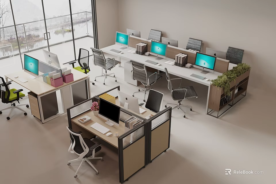 Modern Office Space With Multiple Office Desks Computers Chairs Partitions And Green Plants 3d model 