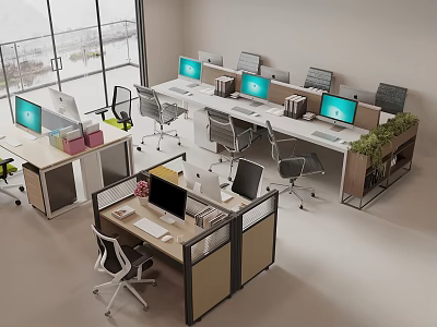 Modern Office Space With Multiple Office Desks Computers Chairs Partitions And Green Plants 3d model