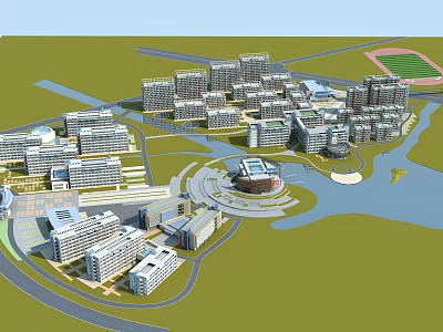 Aerial Planning of Modern Campus with River Circular Central Area and Track Field 3d model