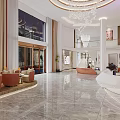 Modern Elegant Shop Front Desk With Marble Wall Chandelier Sofa Rug And Bookshelf