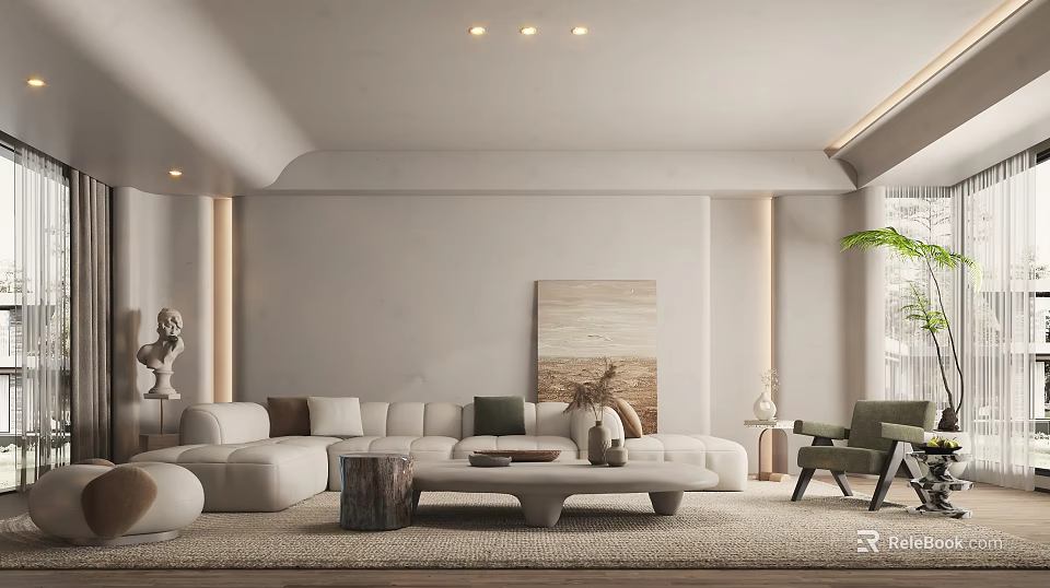 Elegant Modern Living Room Interior With White Sofa Rug Coffee Table And Artwork 3d model 