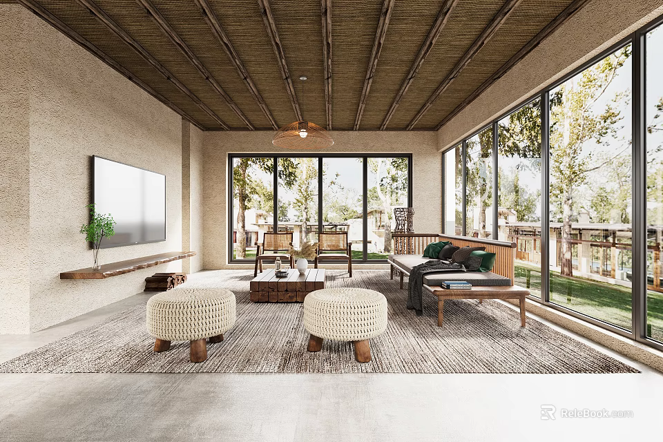 Cozy Living Room Design Featuring Wooden Ceiling Large TV Sofa And Floor To Ceiling Windows 3d model 