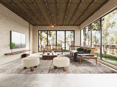 Cozy Living Room Design Featuring Wooden Ceiling Large TV Sofa And Floor To Ceiling Windows 3d model