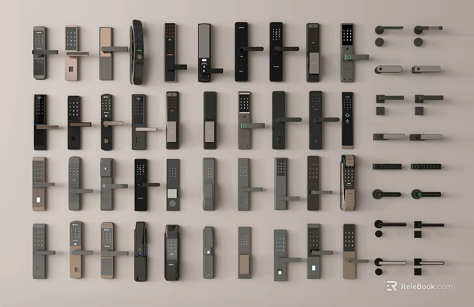 Various Door Handles with Smart Lock Designs Different Colors and Arranged 3d model 