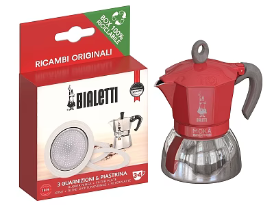 Bialetti Original Eco Compatible Coffee Maker Parts With Red Moka Pot Gaskets And Filters 3d model