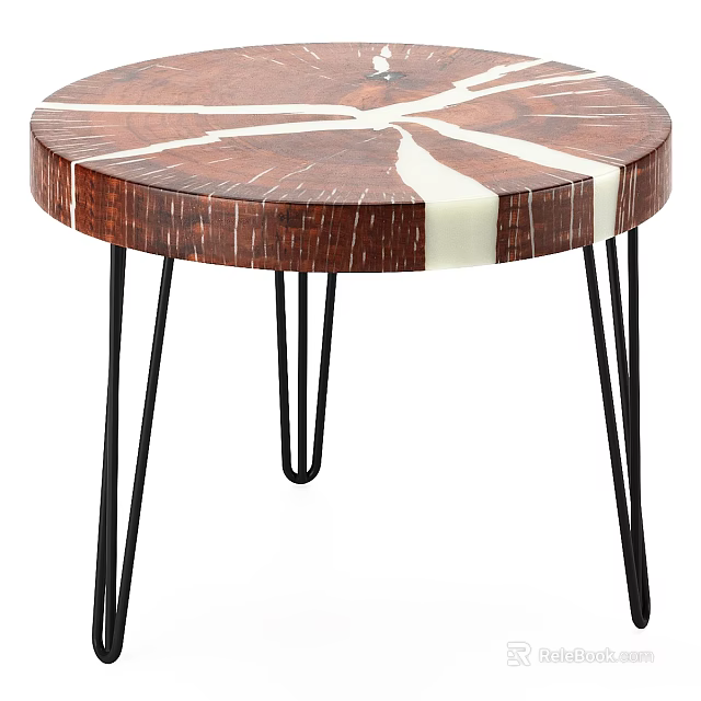 Stylish Functional Table With Round Wooden Top Featuring White Veins And Black Metal Hairpin Legs 3d model 