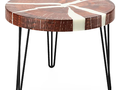 Stylish Functional Table With Round Wooden Top Featuring White Veins And Black Metal Hairpin Legs 3d model