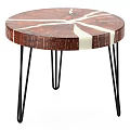 Stylish Functional Table With Round Wooden Top Featuring White Veins And Black Metal Hairpin Legs