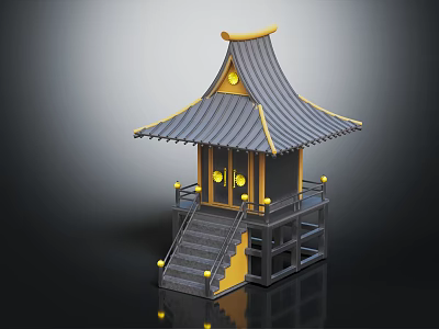 Traditional Japanese Pavilion 3D Model With Gray Roof Yellow Decorations Stairs And Railings 3d model