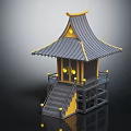 Traditional Japanese Pavilion 3D Model With Gray Roof Yellow Decorations Stairs And Railings