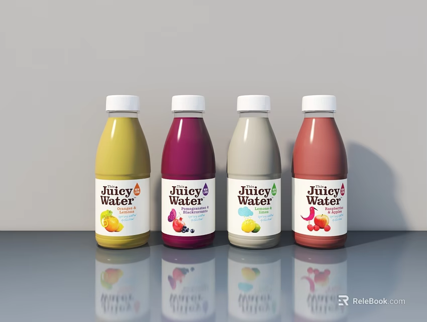 Four Bottles Of Juicy Water Juice Beverage With Different Flavors And Vibrant Colors 3d model 