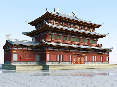 Ancient Chinese Architecture With Three Tiered Roof Red Walls And Flying Eaves 3d model