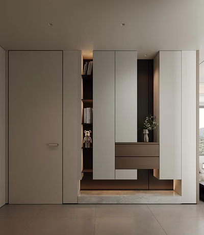 Modern Built-in Shoe Cabinet with White Doors Dark Wood Drawers Open Shelves and Decorative Plant 3d model