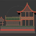 Cartoon Scene Of Traditional Chinese Architecture With Green Roof Red Pillars Wooden Structure And Steps