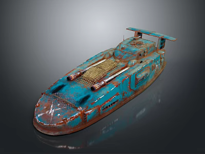 Blue Rusted Vintage Boat Model With Metal Structure And Details 3d model