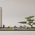 Tranquil Indoor Landscape Showcasing Stone Screen Statue Lantern Stones Moss Pine Tree And Lighting