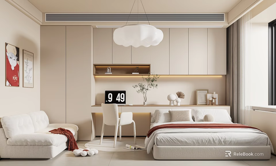 Modern Tatami Bedroom Interior With Light Beige Walls White Pendant Light And Cozy Sofa 3d model 