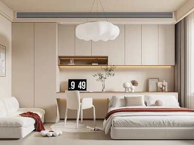 Modern Tatami Bedroom Interior With Light Beige Walls White Pendant Light And Cozy Sofa 3d model