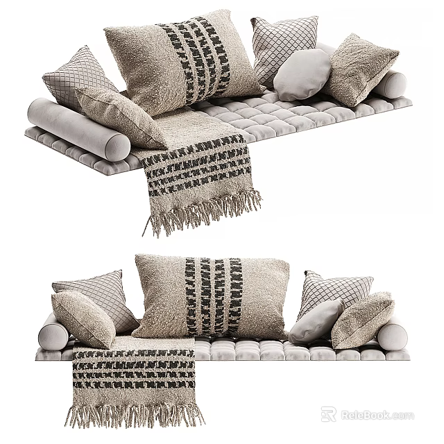 Soft Decorative Throw Pillows With Knitted Tassel Blanket On Comfortable Sofa 3d model