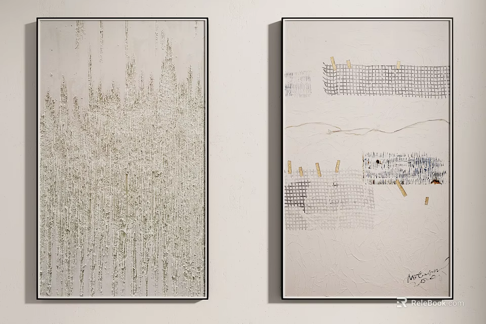 Two Abstract Artworks Hanging On Wall With Textured Patterns And Designs 3d model