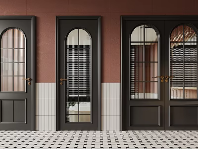 Dark Colored Doors With Glass Panels And Blinds On Terracotta Wall And Checkered Floor 3d model