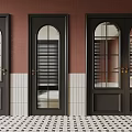 Dark Colored Doors With Glass Panels And Blinds On Terracotta Wall And Checkered Floor