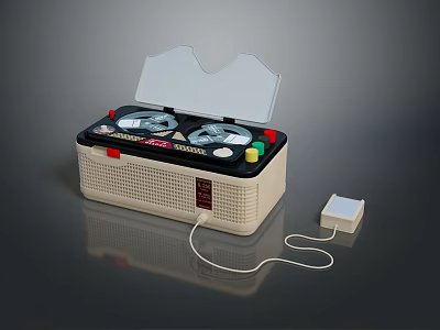 Vintage Computer Device Open Lid Dual Circular Drives Beige Black Case Control Buttons Power Adapter 3d model
