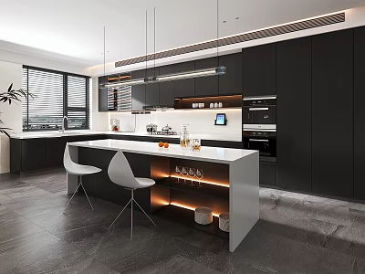 Modern Kitchen Interior Design With White Island Counter Black Cabinets Bar Stools And Gray Flooring 3d model