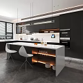 Modern Kitchen Interior Design With White Island Counter Black Cabinets Bar Stools And Gray Flooring
