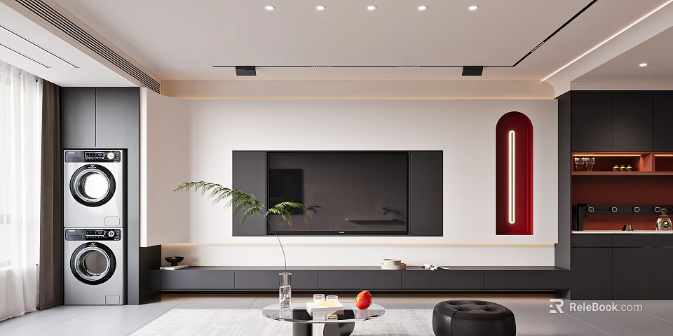 Modern Living Room Interior With TV Wall Green Plant And Coffee Table 3d model 