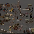 Ancient Marketplace Scene With Vendors Goods Barrels Carts Woven Items And Wooden Chairs