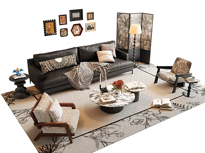 Black Leather Sofa And Coffee Table Set With Decorative Pillows Throw Blanket Patterned Rug And Accent Armchairs 3d model