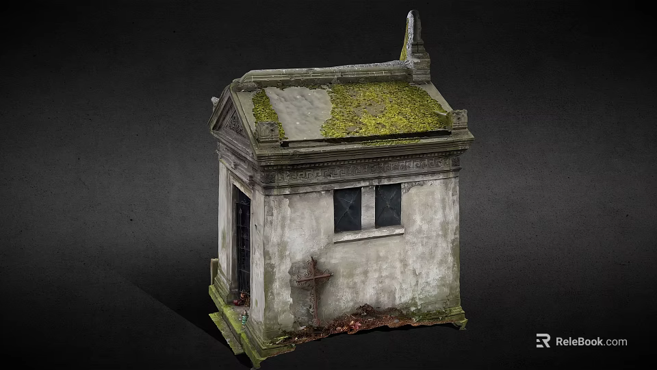 Ancient Mausoleum Structure With Moss Covered Roof Weathered Walls Cross At Entrance And Fallen Leaves 3d model 