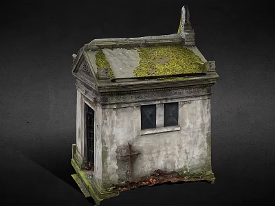 Ancient Mausoleum Structure With Moss Covered Roof Weathered Walls Cross At Entrance And Fallen Leaves 3d model