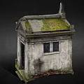 Ancient Mausoleum Structure With Moss Covered Roof Weathered Walls Cross At Entrance And Fallen Leaves