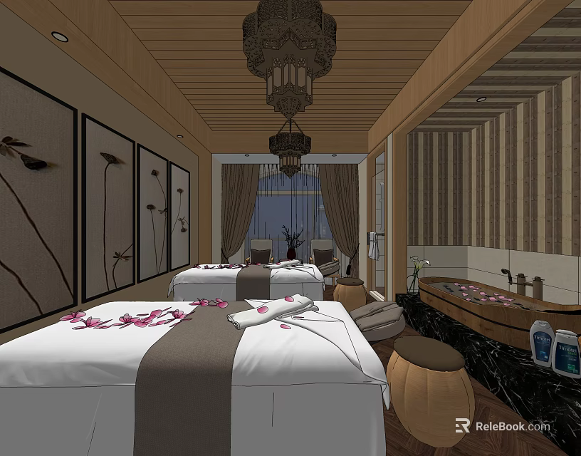 SPA Sauna Interior With Massage Beds Flower Petals Wooden Ceiling And Chandelier 3d model 