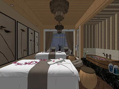 SPA Sauna Interior With Massage Beds Flower Petals Wooden Ceiling And Chandelier 3d model