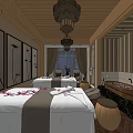 SPA Sauna Interior With Massage Beds Flower Petals Wooden Ceiling And Chandelier