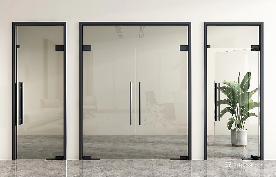 Modern Double Glass Doors With Black Frames In Indoor Space And Green Plant 3d model 